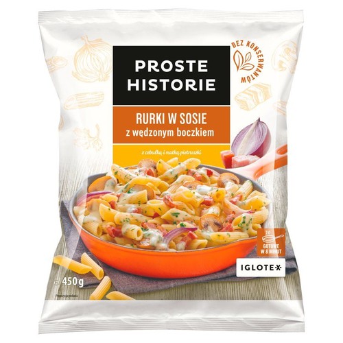 Danie z makaronem rurki w sosie z wędzonym boczkiem Proste Historie 450 g